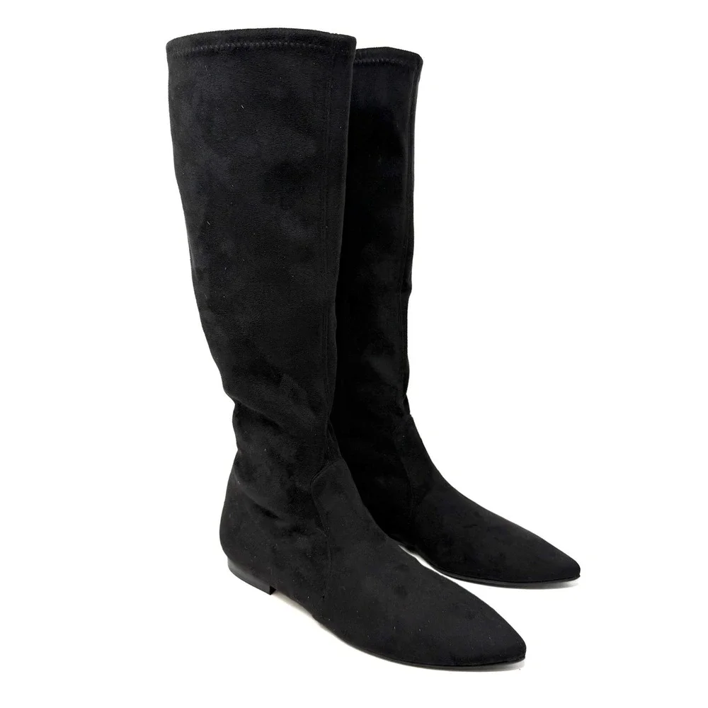 Jon‎ Josef Merly Black Stretch Suede Pull On Knee-High Boots 6 Pointed Toe
